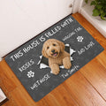 Goldendoodle entryway rug displayed beside a white door on a warm wood floor