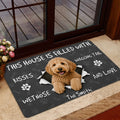 Goldendoodle doormat styled inside a glass doorway with a friendly dog artwork and dark background