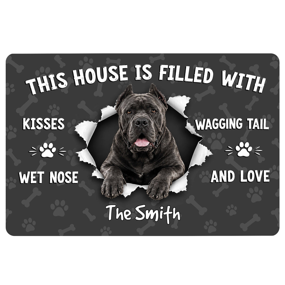 Cane Corso portrait doormat with paw and bone pattern and welcoming pet-themed lettering