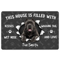 Cane Corso portrait doormat with paw and bone pattern and welcoming pet-themed lettering