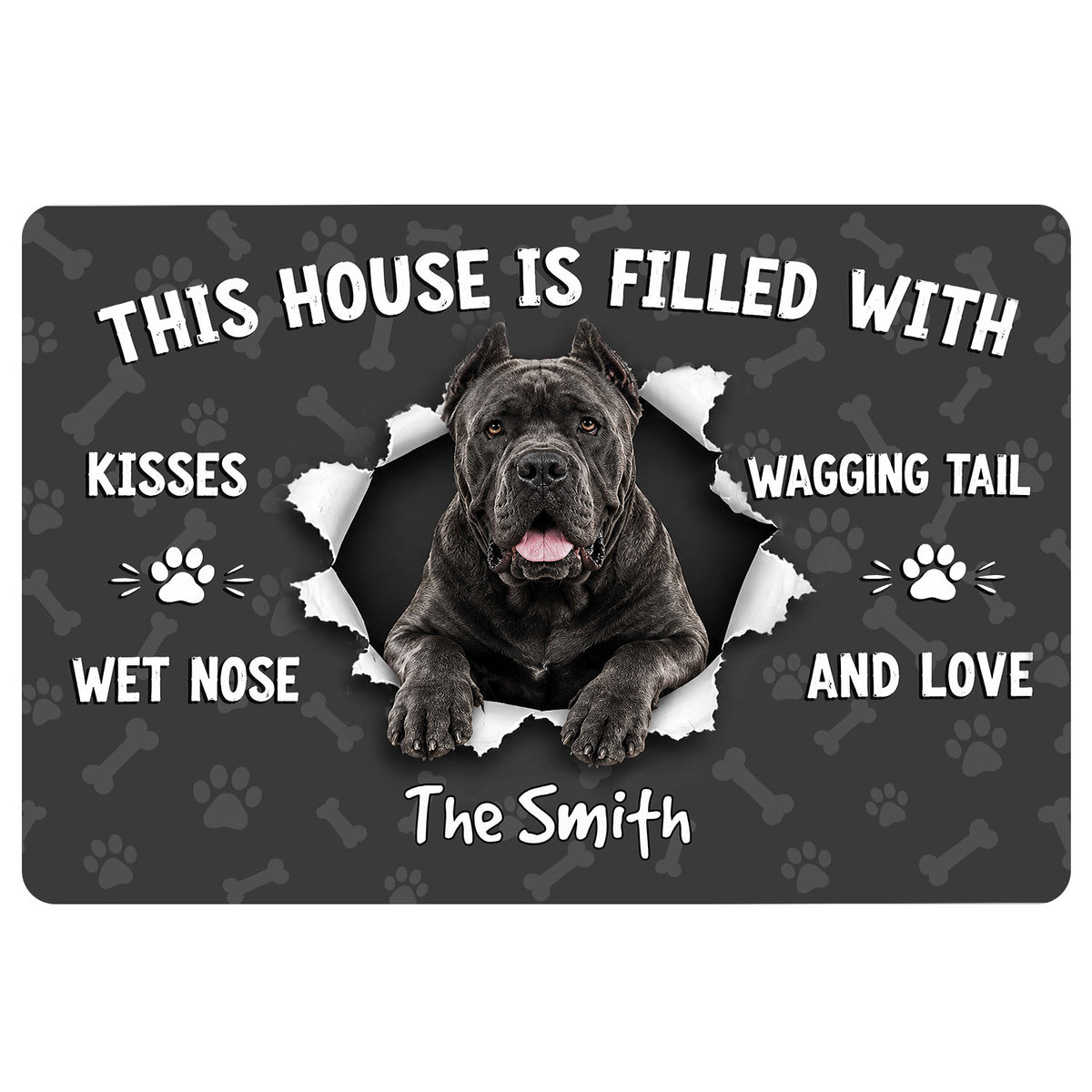 Cane Corso portrait doormat with paw and bone pattern and welcoming pet-themed lettering