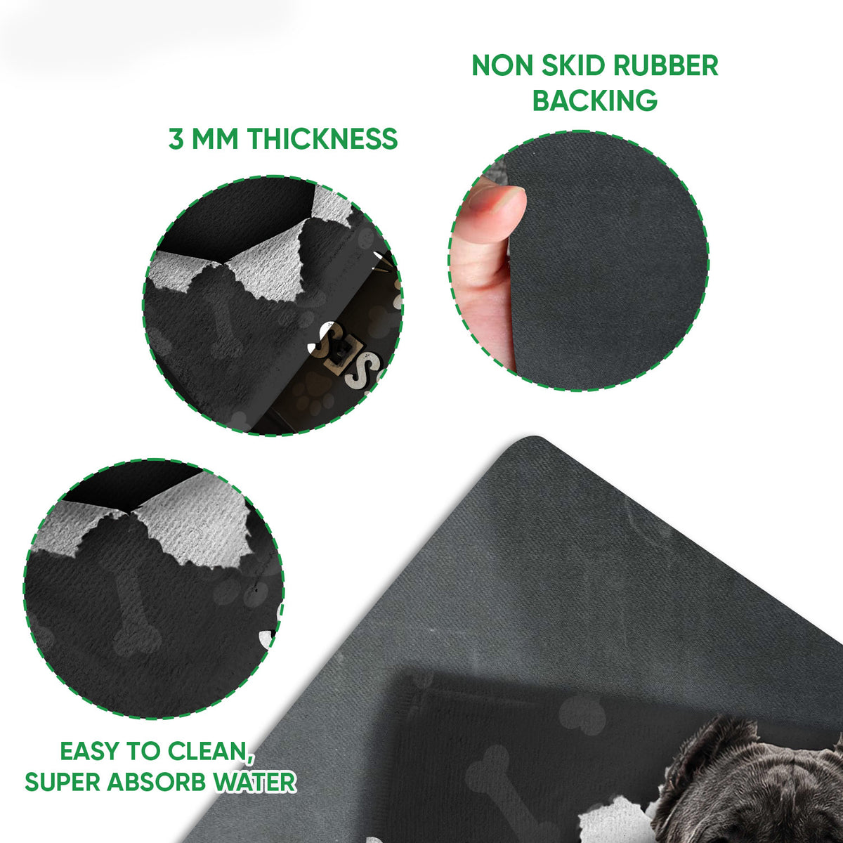 Close-up feature view showing the printed doormat surface and dark rubber grip backing