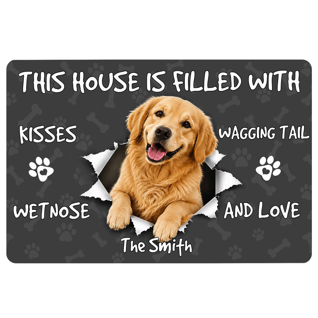 Golden Retriever doormat with a smiling dog, paw prints, bones and playful home welcome artwork