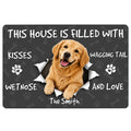 Golden Retriever doormat with a smiling dog, paw prints, bones and playful home welcome artwork