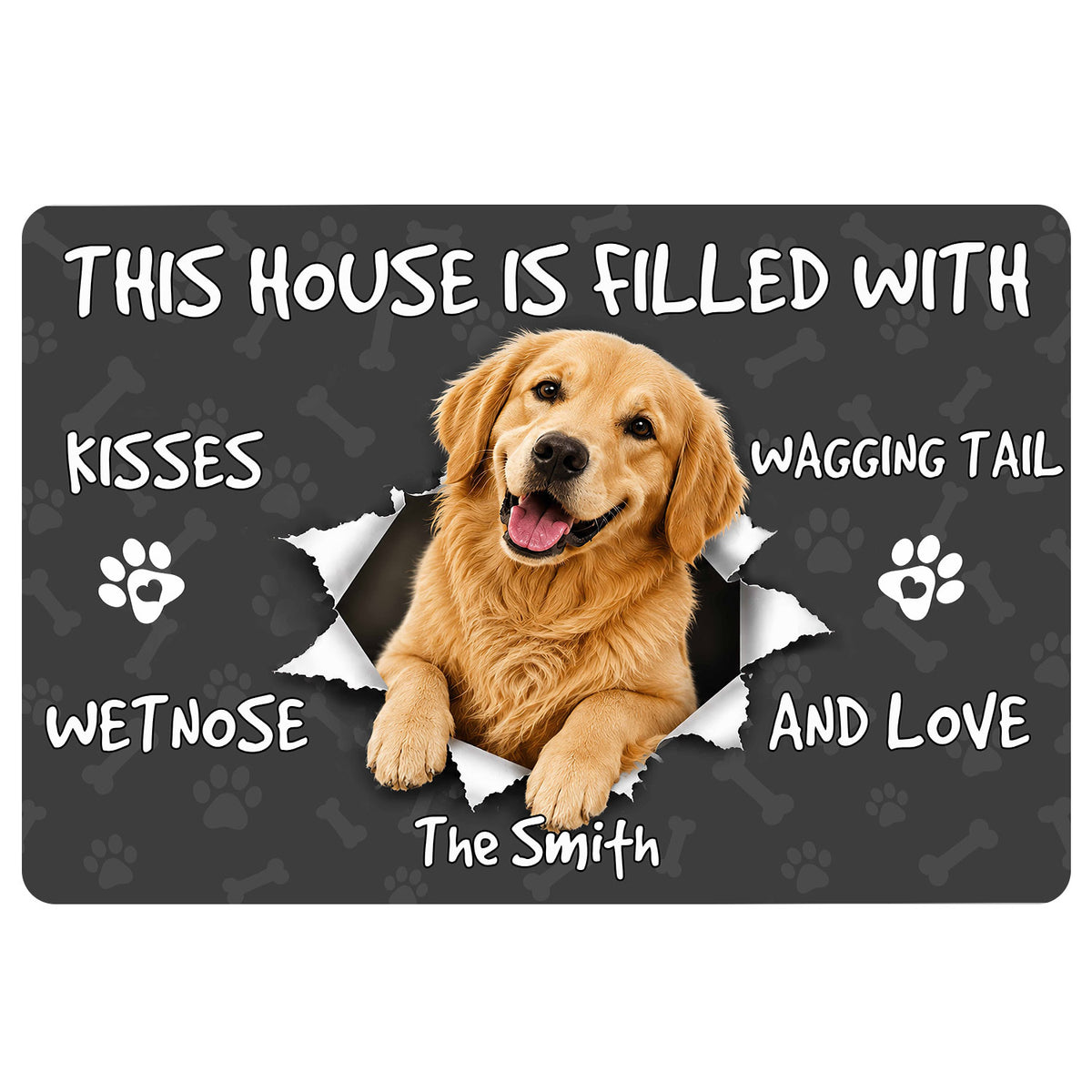 Golden Retriever doormat with a smiling dog, paw prints, bones and playful home welcome artwork
