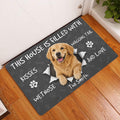 Golden Retriever doormat displayed in a bright home entryway on a wood floor