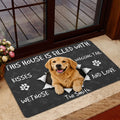 Golden Retriever doormat styled in a home entrance near a glass door