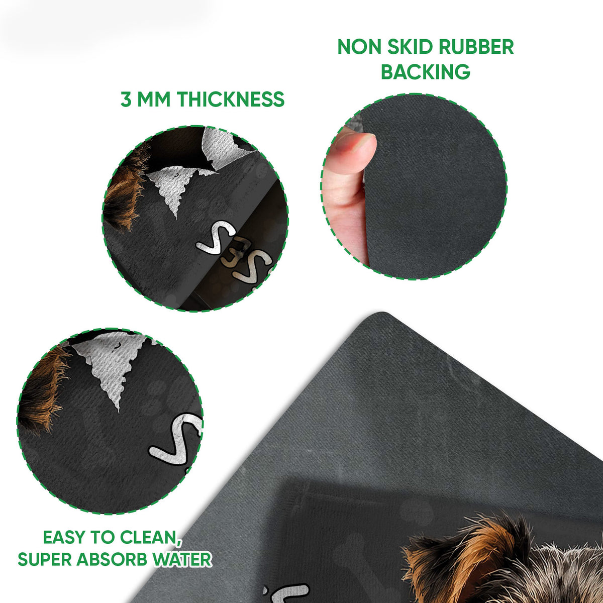 Close-up feature view of the Yorkie doormat showing its thin profile and rubber backing