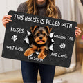 Yorkie doormat held indoors, featuring a cheerful Yorkshire Terrier and playful welcome artwork