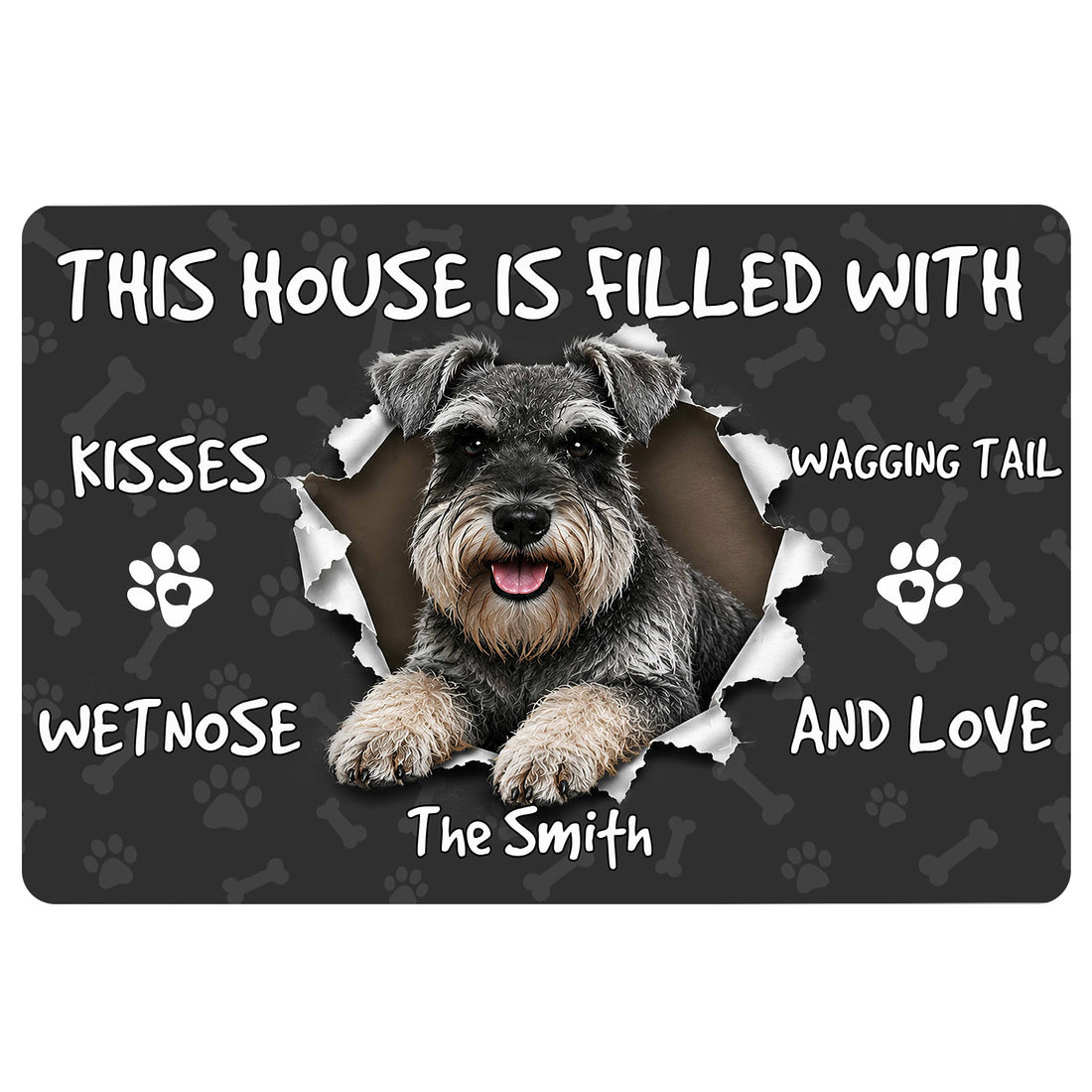 Miniature Schnauzer doormat with a black paw and bone pattern, portrait artwork, and playful dog-themed lettering