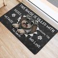 Miniature Schnauzer entryway rug displayed near a doorway with a centered dog portrait and paw print pattern
