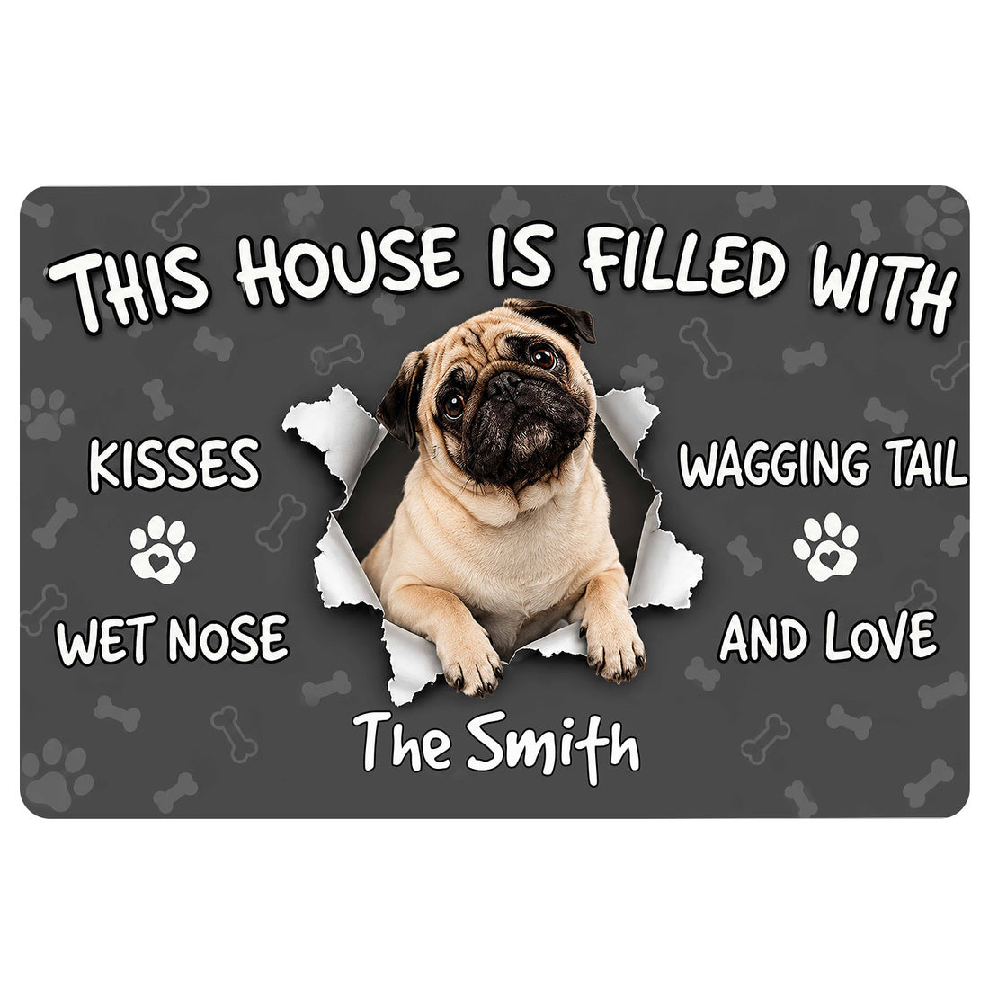 Pug doormat with a smiling pug, bones, paw prints and playful welcome message on a dark background