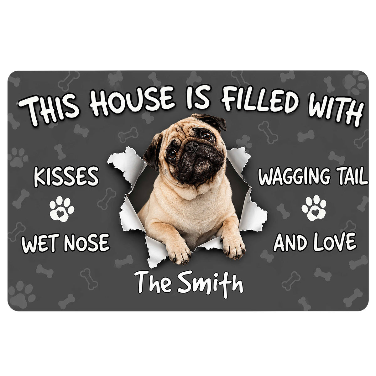 Pug doormat with a smiling pug, bones, paw prints and playful welcome message on a dark background