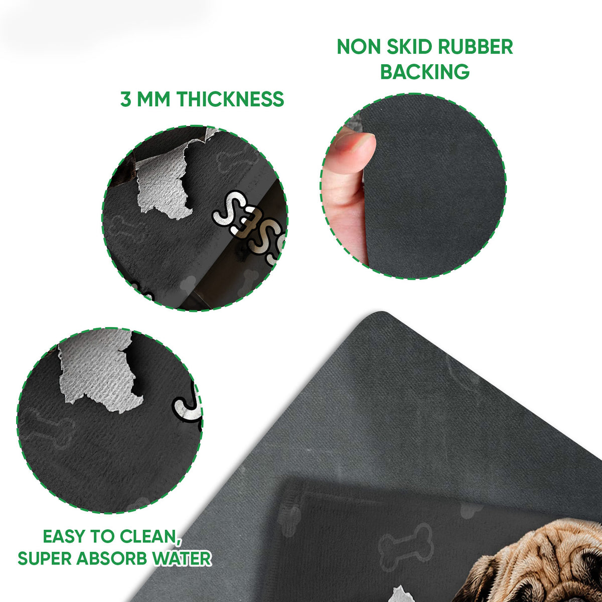 Close-up detail view of the pug doormat surface, edge and rubber backing construction