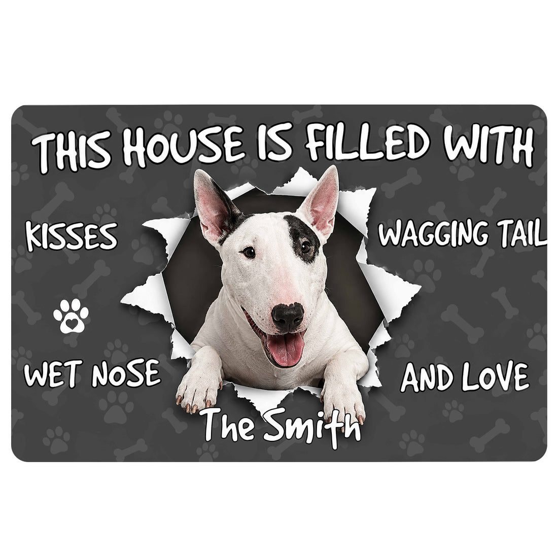 Bull Terrier doormat with a cheerful white dog portrait, paw prints, bones, and playful entryway message