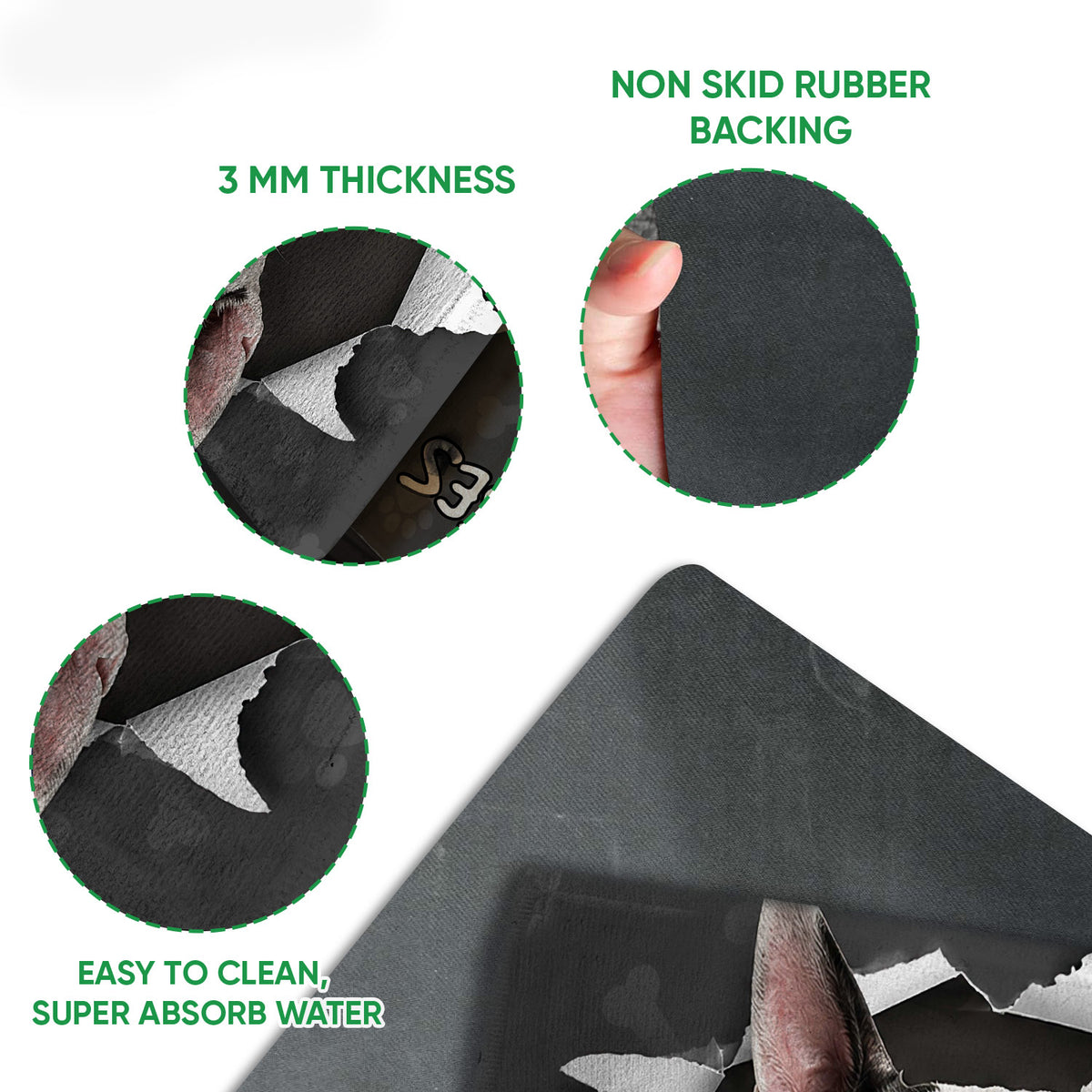 Bull Terrier doormat feature view showing the printed surface and dark rubber backing