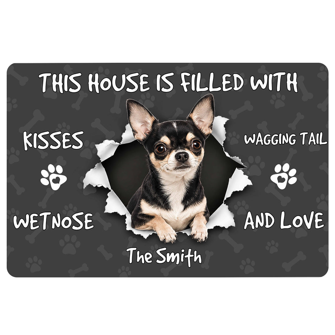 Chihuahua doormat with a playful dog portrait, paw prints, bones, and cheerful home-themed lettering