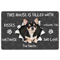 Chihuahua doormat with a playful dog portrait, paw prints, bones, and cheerful home-themed lettering
