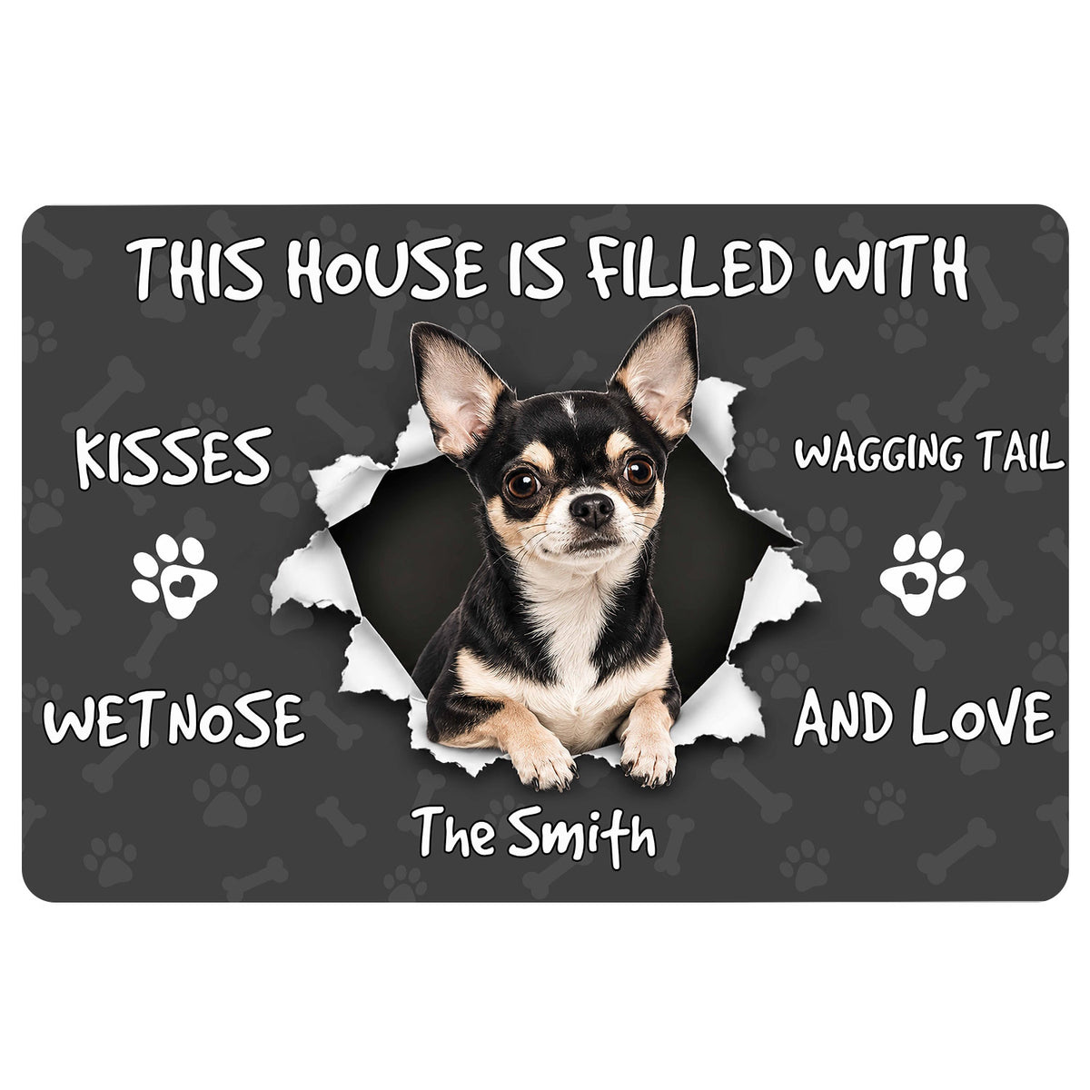 Chihuahua doormat with a playful dog portrait, paw prints, bones, and cheerful home-themed lettering