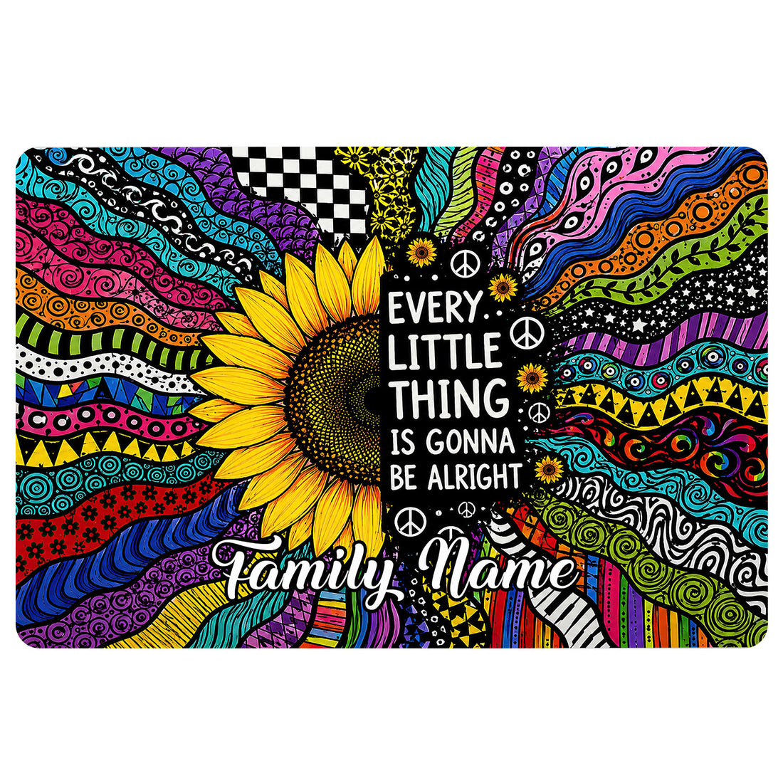 Colorful hippie doormat featuring a sunflower, peace symbols, psychedelic patterns, and an uplifting central message
