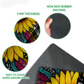 Close-up view of colorful sunflower hippie doormat artwork, felt top, rubber backing, and thin profile