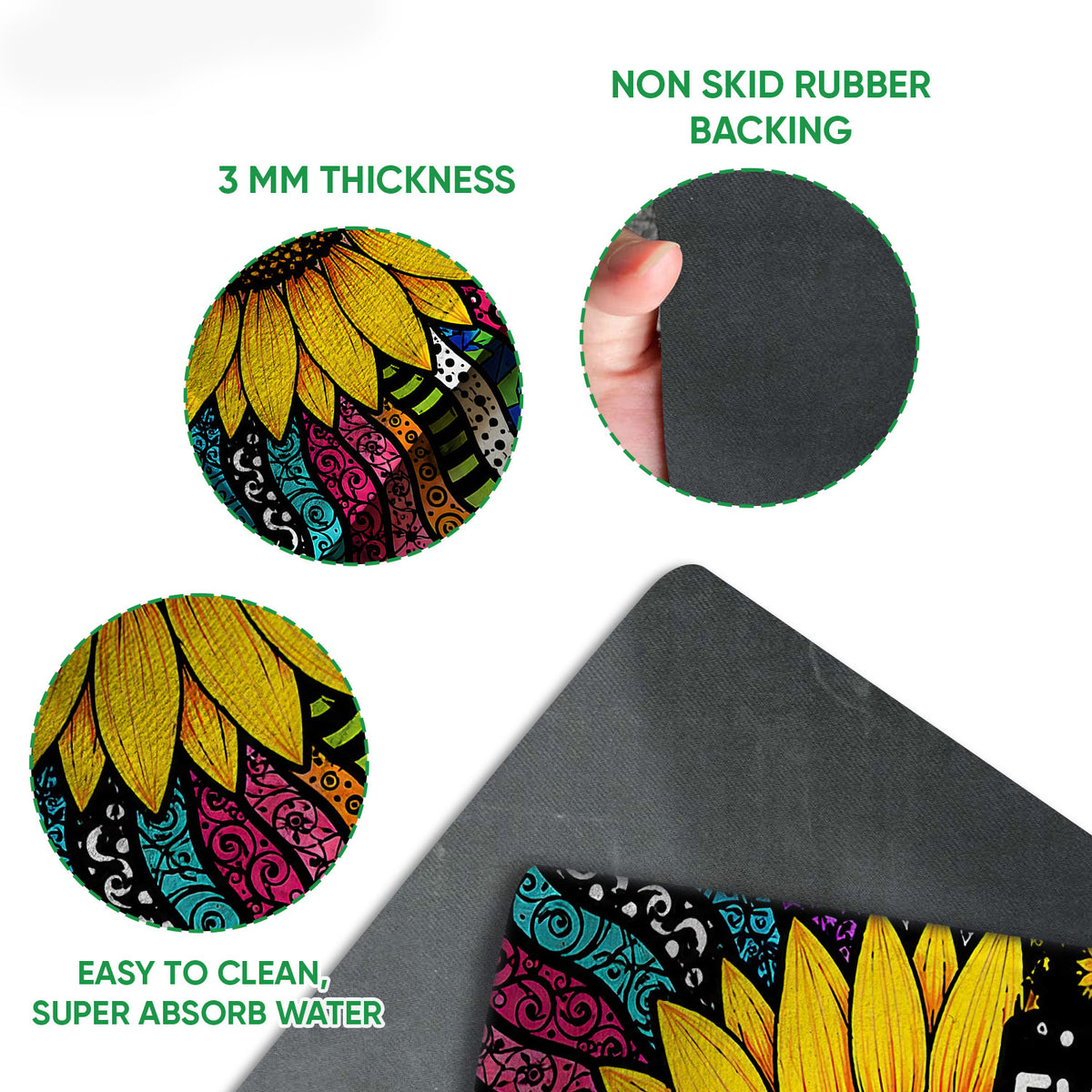 Close-up view of colorful sunflower hippie doormat artwork, felt top, rubber backing, and thin profile