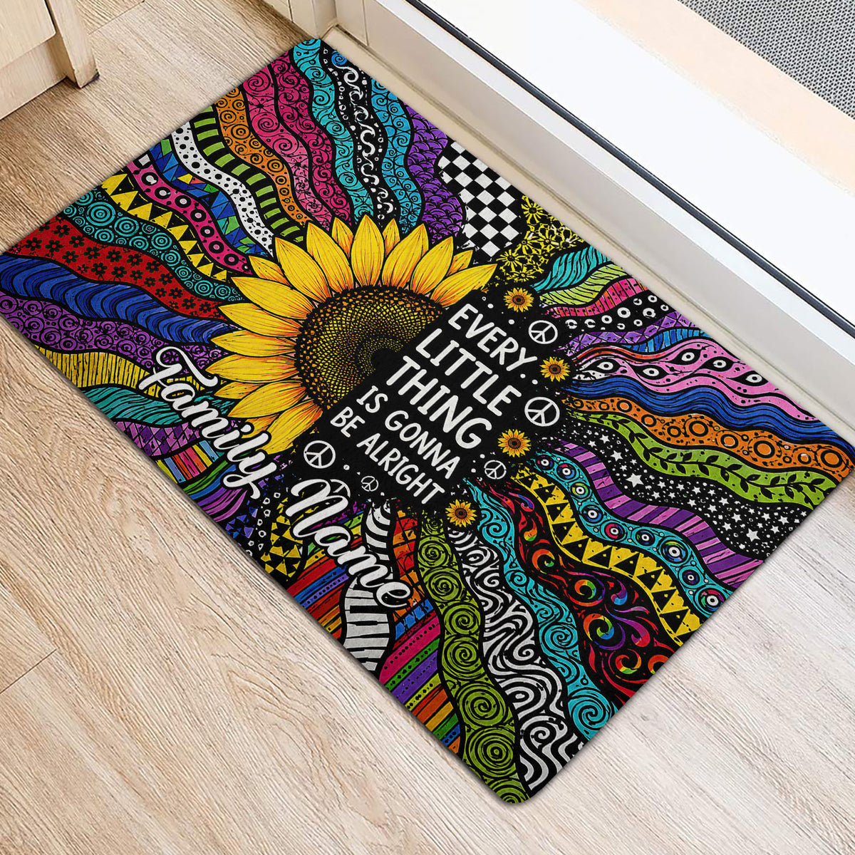 Psychedelic hippie sunflower door mat positioned at an indoor entrance with bold patterned artwork