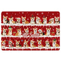 Festive red corgi doormat design featuring rows of corgis in Santa hats, scarves, and Christmas accessories