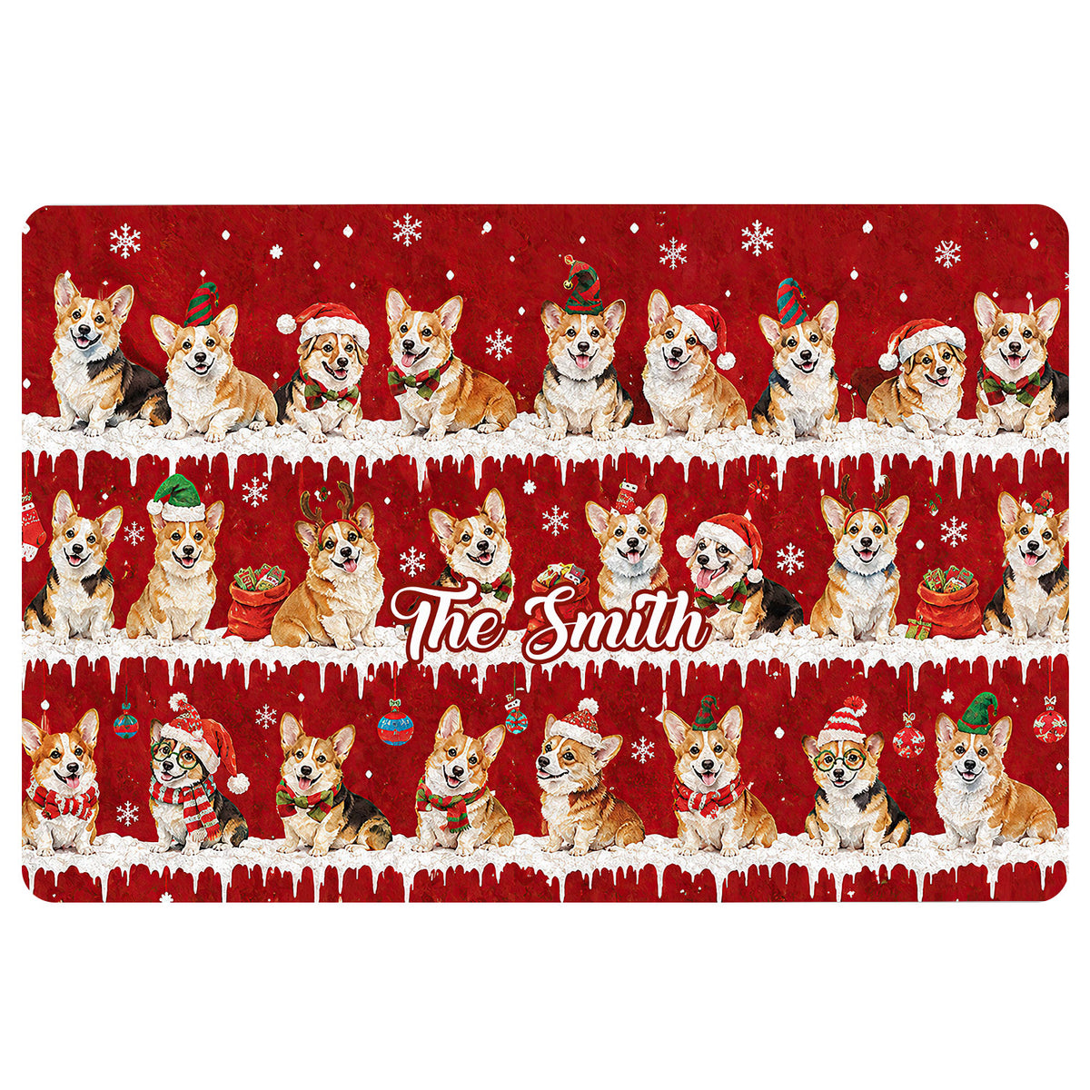Festive red corgi doormat design featuring rows of corgis in Santa hats, scarves, and Christmas accessories