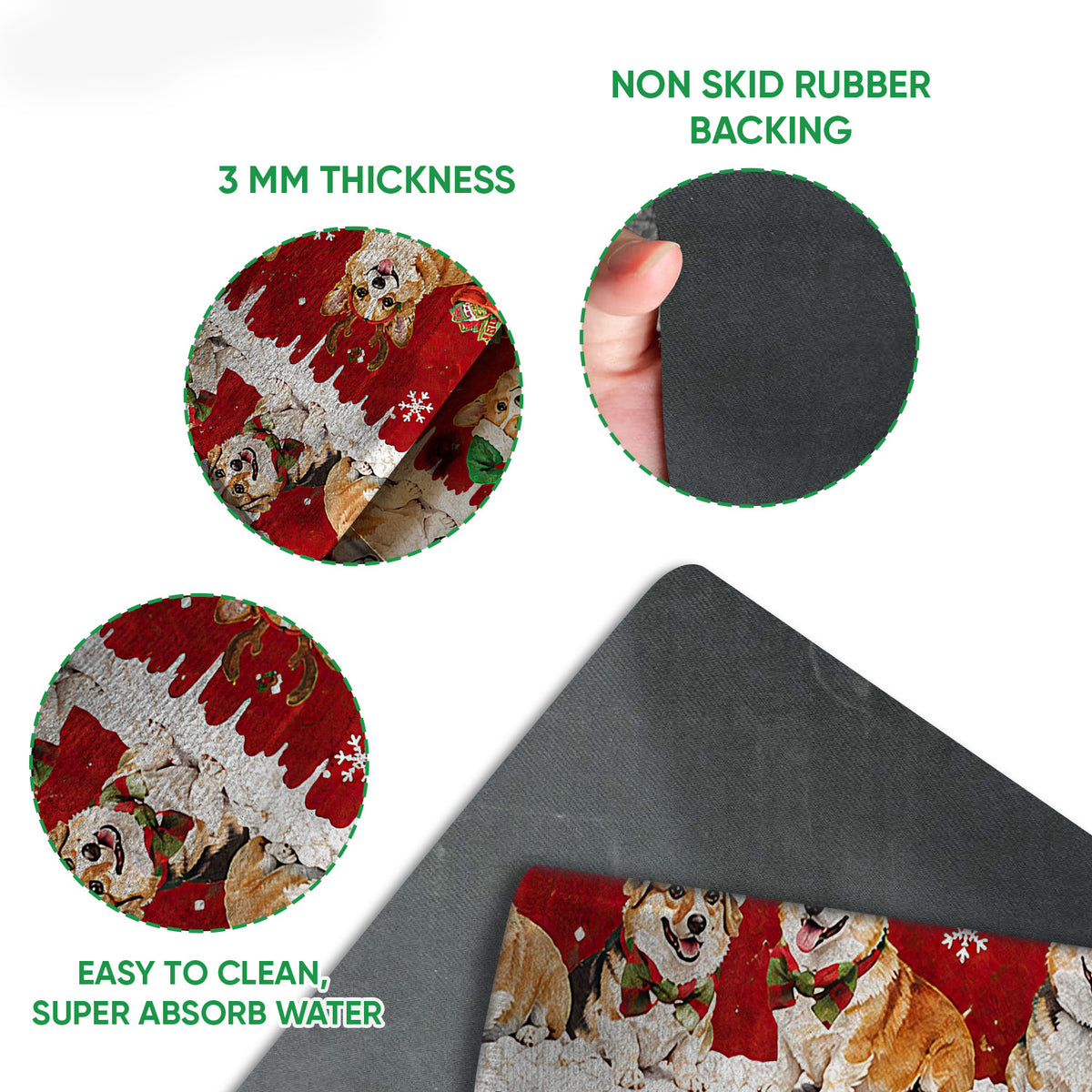Corgi doormat detail view showing the printed holiday artwork, rubber backing, and 3 millimeter thickness