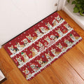 Festive corgi doormat displayed at a home entrance on hardwood flooring with snowy red Christmas artwork