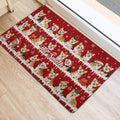 Red Christmas corgi entryway mat shown beside a doorway with snowflakes, ornaments, and holiday-dressed dogs
