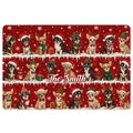 Festive Chihuahua doormat design with dressed-up dogs, snow, gifts, and a bright red Christmas background