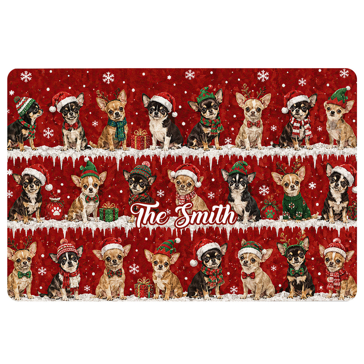 Festive Chihuahua doormat design with dressed-up dogs, snow, gifts, and a bright red Christmas background