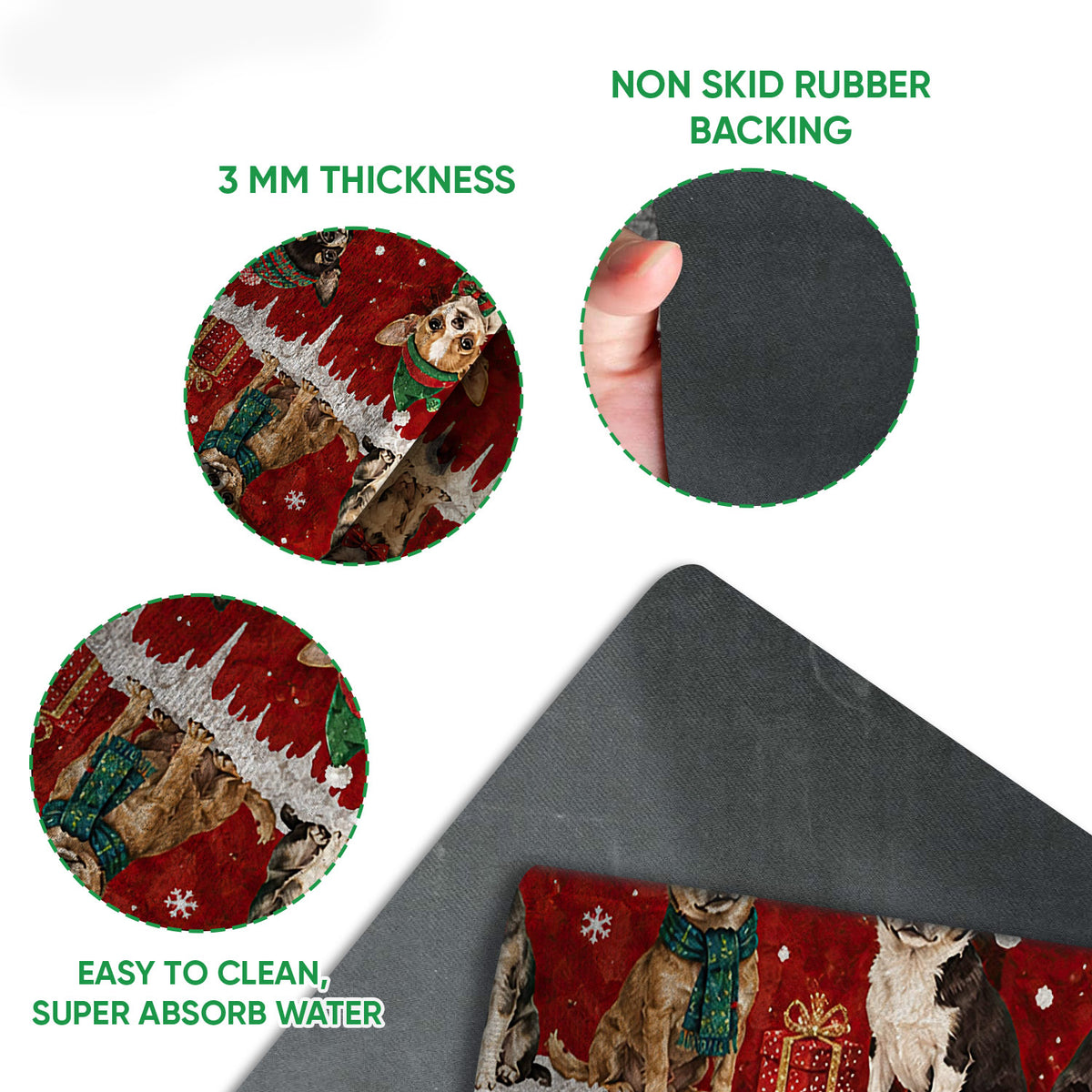 Close-up of the Chihuahua Christmas doormat showing the printed surface and dark rubber backing