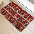 Red Christmas Chihuahua door mat positioned beside an interior doorway on light flooring
