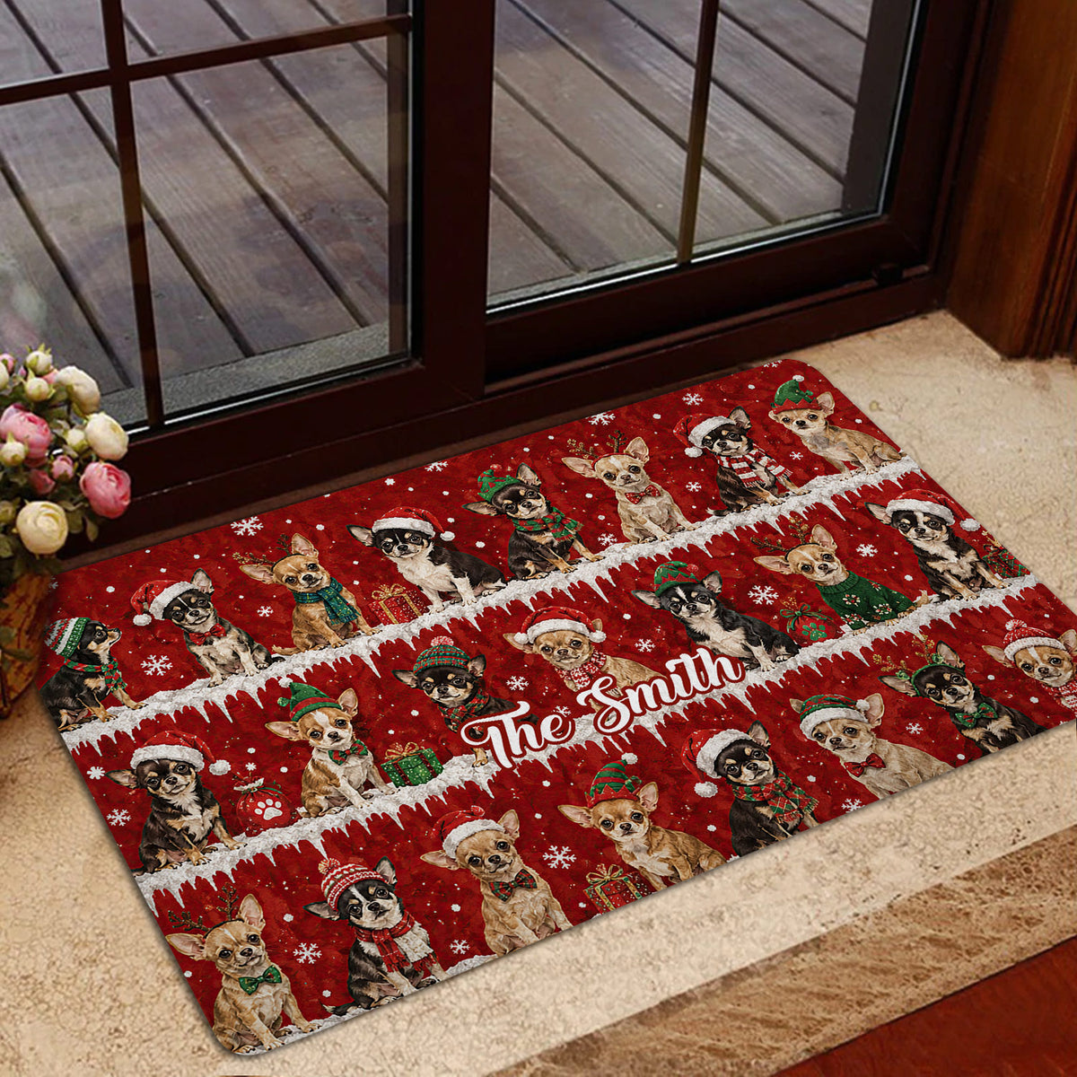 Festive Chihuahua entryway rug displayed near a glass door with snowy holiday artwork