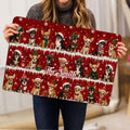 Chihuahua Christmas doormat held upright to show its colorful dog and holiday design