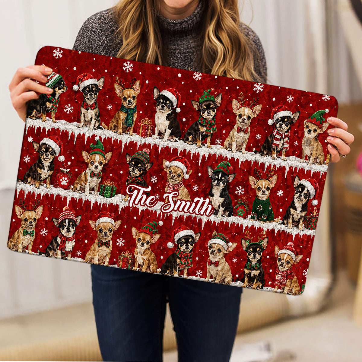 Chihuahua Christmas doormat held upright to show its colorful dog and holiday design