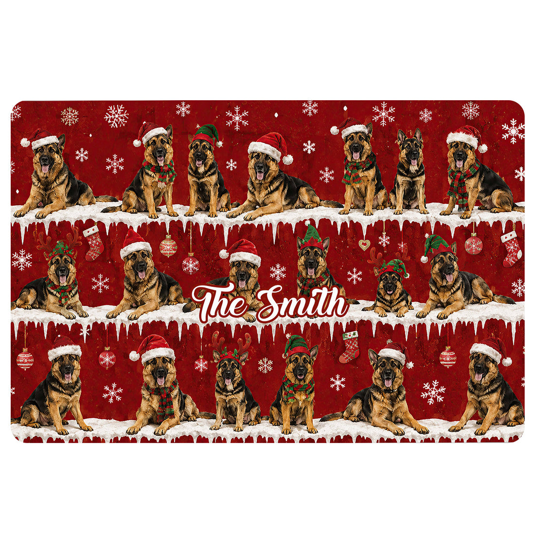 Christmas German Shepherd doormat design with Santa hats, snowflakes, ornaments, stockings, and red background