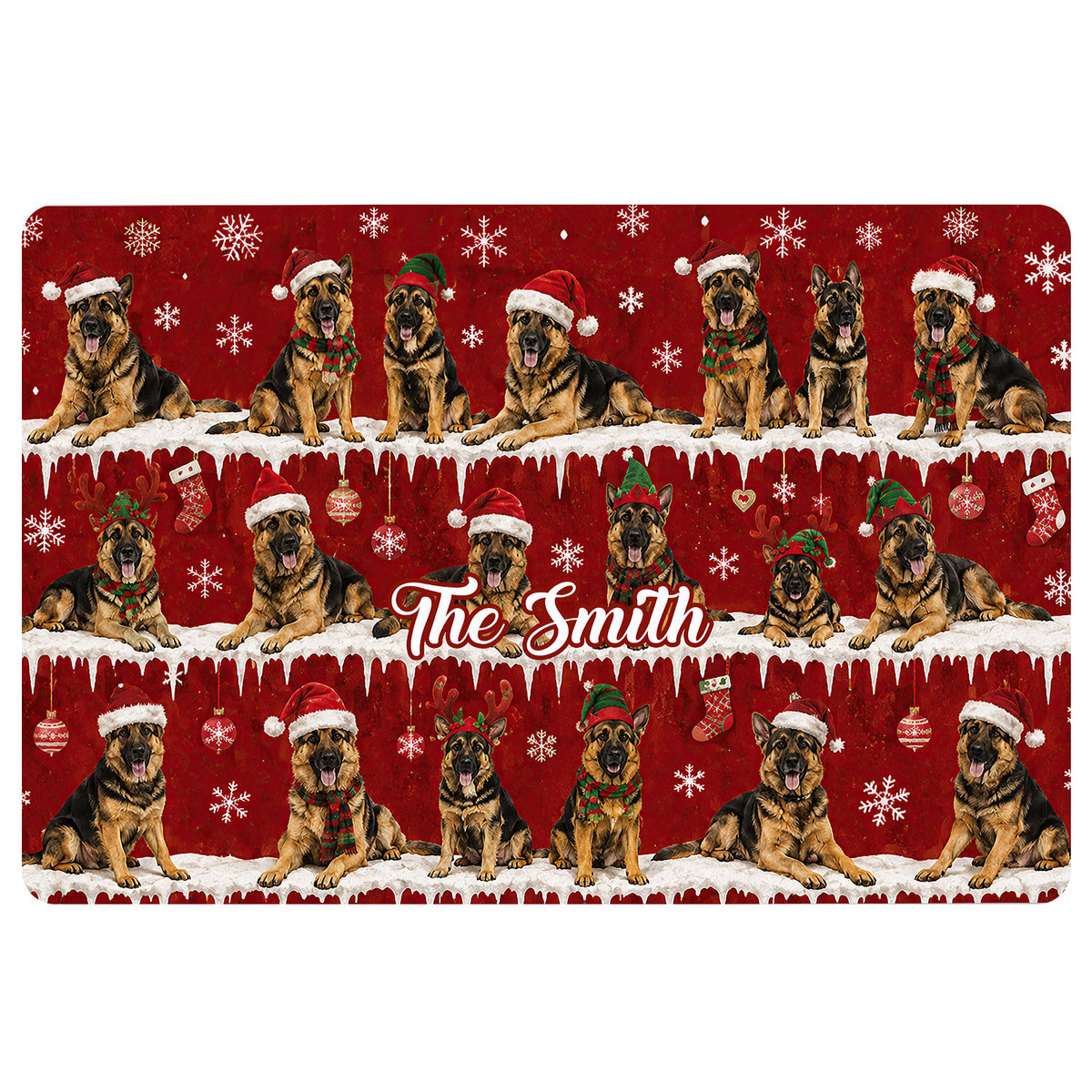 Christmas German Shepherd doormat design with Santa hats, snowflakes, ornaments, stockings, and red background
