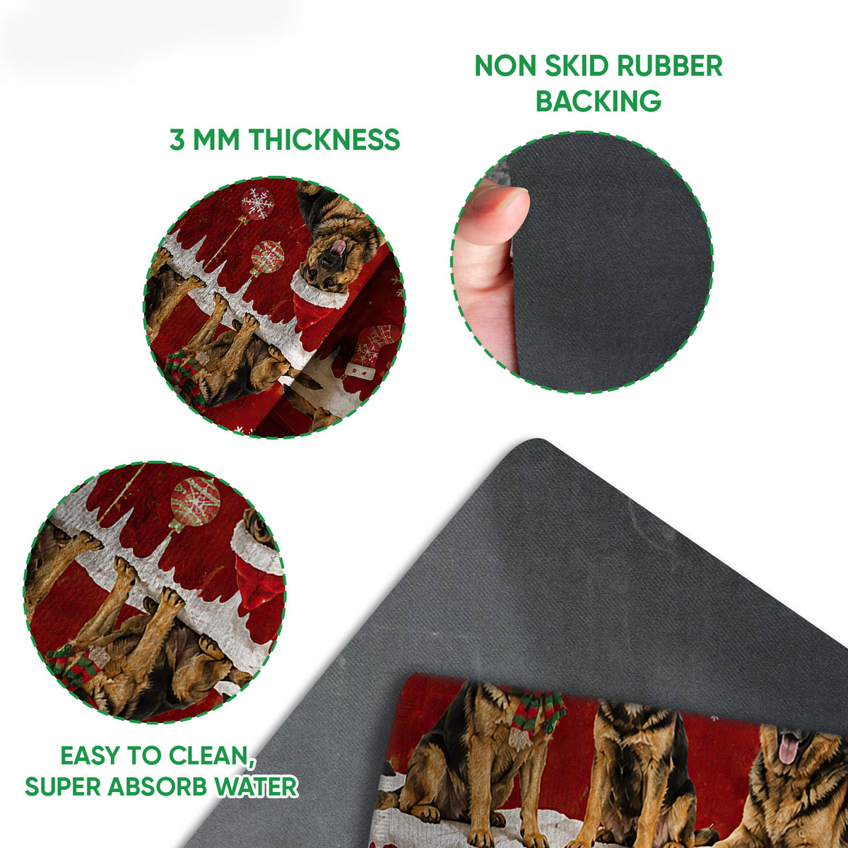Close-up feature view of the German Shepherd Christmas doormat showing its printed surface and dark rubber backing