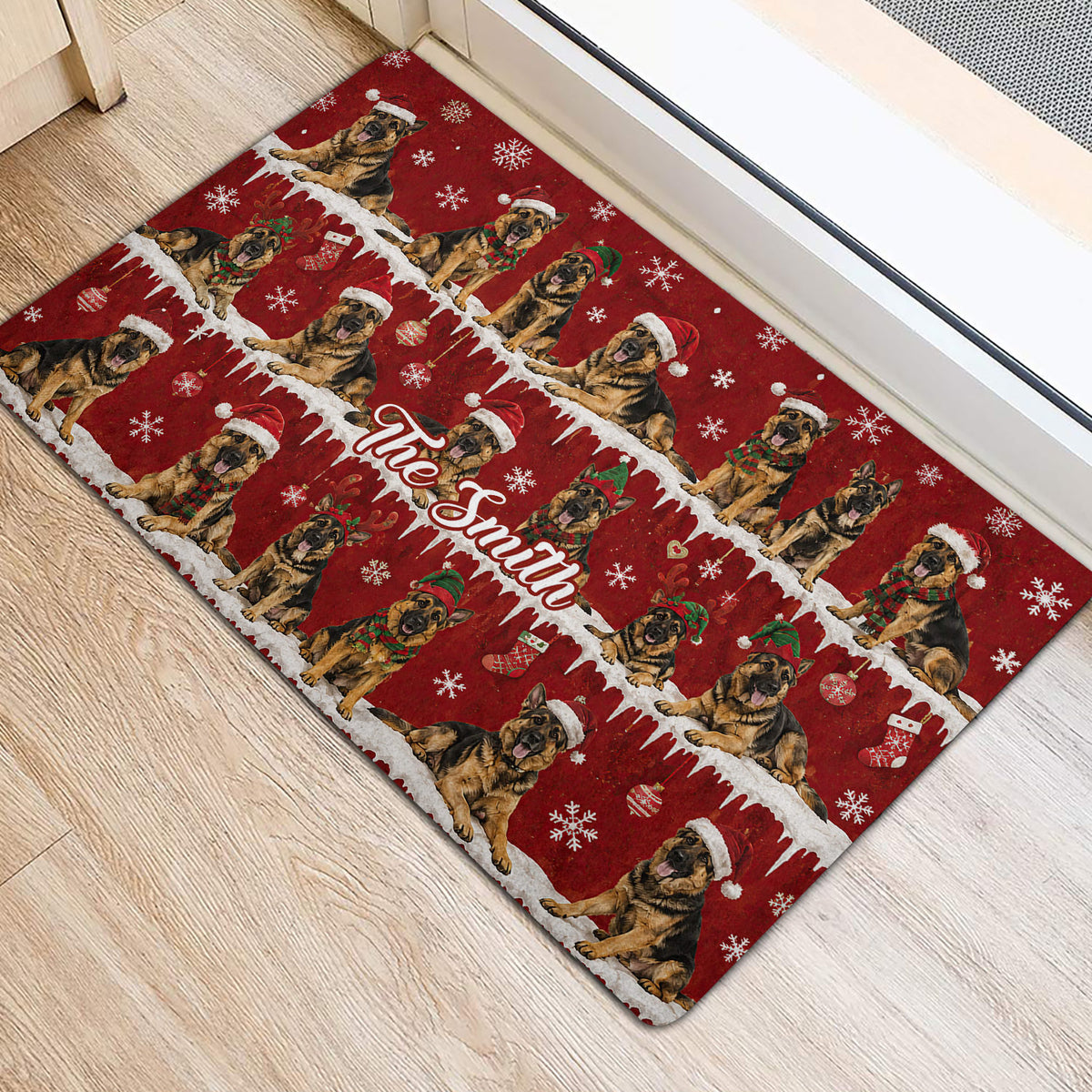 Holiday German Shepherd door mat placed near an entryway with Santa hats, snowflakes, ornaments, and stockings
