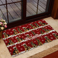 Red Christmas German Shepherd doormat styled in a home entrance with glass doors and festive dog artwork