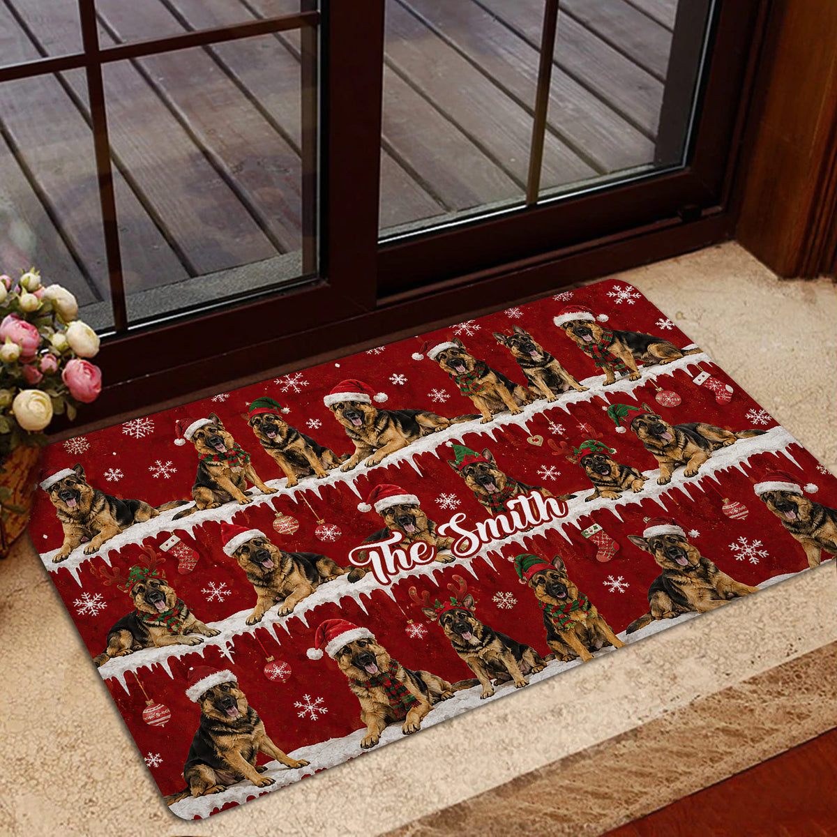 Red Christmas German Shepherd doormat styled in a home entrance with glass doors and festive dog artwork