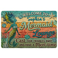 Mermaid doormat with seashells, coral, distressed wood texture and colorful ocean-inspired artwork