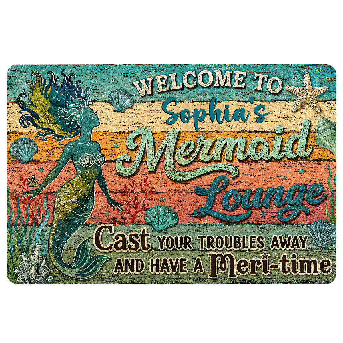 Mermaid doormat with seashells, coral, distressed wood texture and colorful ocean-inspired artwork