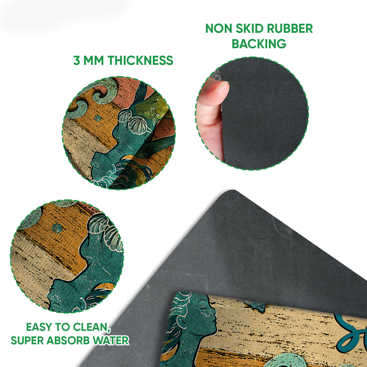 Close-up detail of the mermaid doormat surface and dark rubber backing