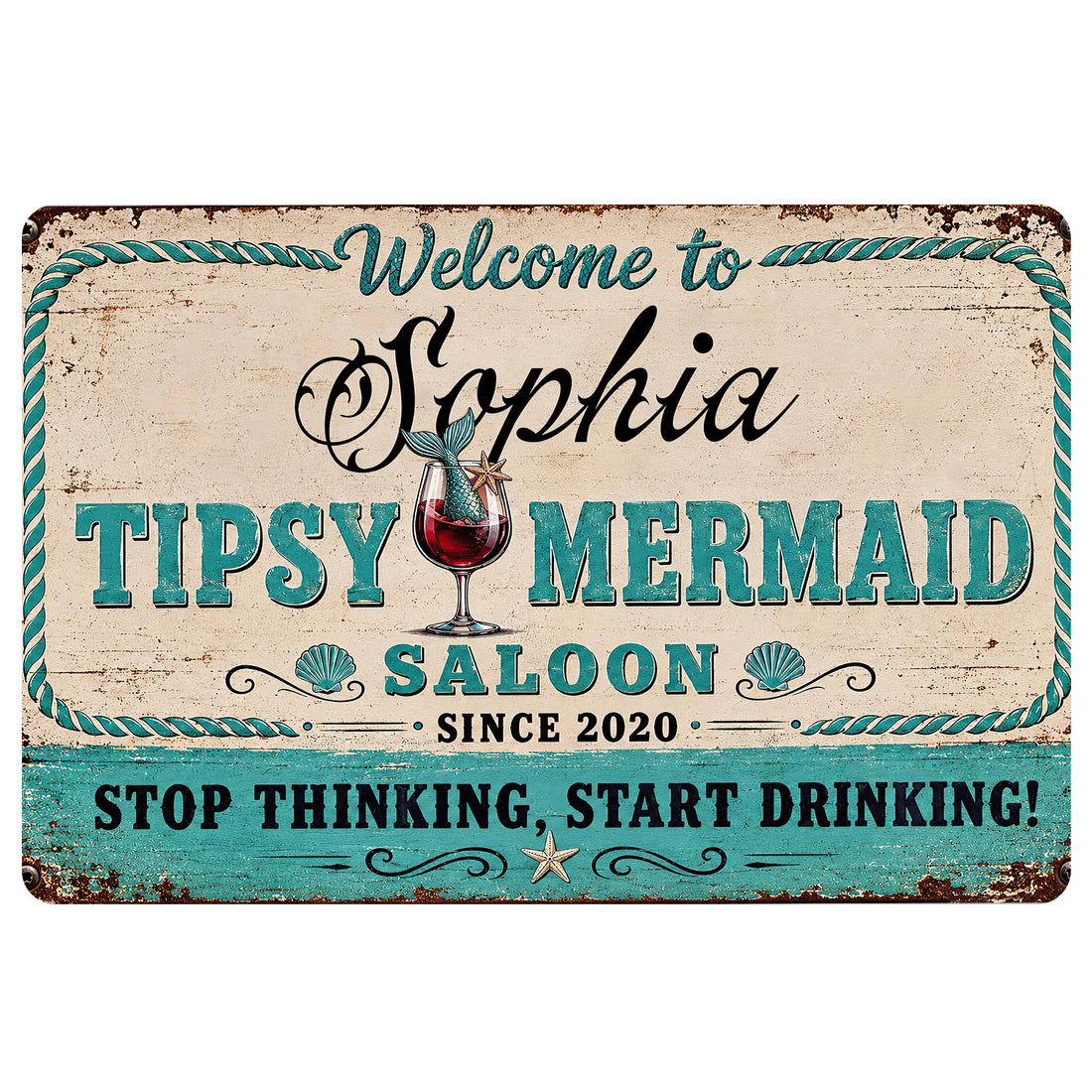 Vintage turquoise and cream mermaid saloon doormat with seashells, cocktail artwork, and playful welcome lettering