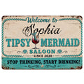Vintage turquoise and cream mermaid saloon doormat with seashells, cocktail artwork, and playful welcome lettering